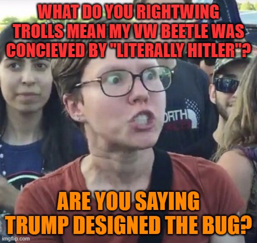 Triggered feminist | WHAT DO YOU RIGHTWING TROLLS MEAN MY VW BEETLE WAS CONCIEVED BY "LITERALLY HITLER"? ARE YOU SAYING TRUMP DESIGNED THE BUG? | image tagged in triggered feminist,memes,car,volkswagen,hitler,trump | made w/ Imgflip meme maker