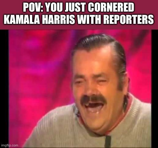 Spanish guy laughing | POV: YOU JUST CORNERED KAMALA HARRIS WITH REPORTERS | image tagged in spanish guy laughing | made w/ Imgflip meme maker
