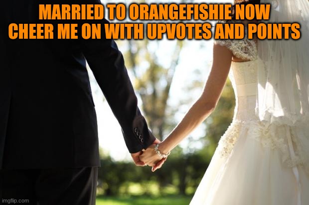 Married | MARRIED TO ORANGEFISHIE NOW CHEER ME ON WITH UPVOTES AND POINTS | image tagged in wedding | made w/ Imgflip meme maker