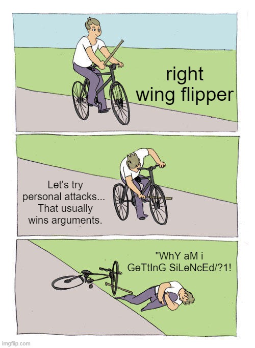 Some of them can really be so clueless. | right wing flipper; Let's try personal attacks... 
That usually wins arguments. "WhY aM i GeTtInG SiLeNcEd/?1! | image tagged in memes,bike fall,magat,gqp,fail,trolls | made w/ Imgflip meme maker