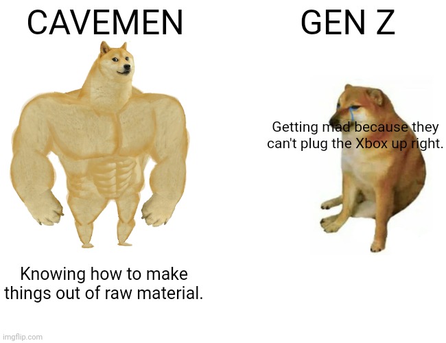 Then vs Now |  CAVEMEN; GEN Z; Getting mad because they can't plug the Xbox up right. Knowing how to make things out of raw material. | image tagged in memes,buff doge vs cheems | made w/ Imgflip meme maker