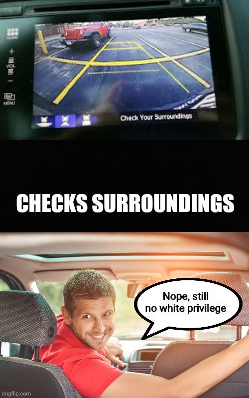 Check your surroundings folks | CHECKS SURROUNDINGS; Nope, still no white privilege | image tagged in blank black,camera,political meme | made w/ Imgflip meme maker