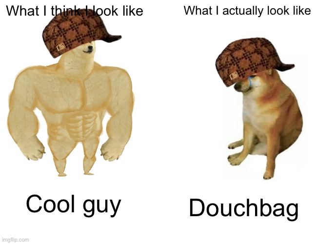 I felt that | What I think I look like; What I actually look like; Cool guy; Douchbag | image tagged in memes,buff doge vs cheems | made w/ Imgflip meme maker