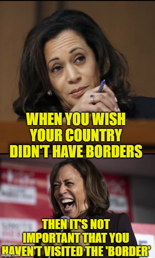 Dems would love to eliminate the borders, so no big whoop. | WHEN YOU WISH YOUR COUNTRY DIDN'T HAVE BORDERS; THEN IT'S NOT IMPORTANT THAT YOU HAVEN'T VISITED THE 'BORDER' | image tagged in kamala harris,kamala laughing,border,illegal immigration | made w/ Imgflip meme maker