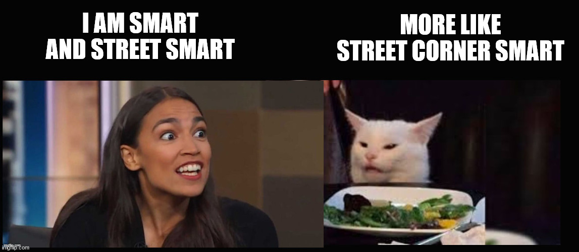 Smudge and AOC | MORE LIKE STREET CORNER SMART; I AM SMART AND STREET SMART | image tagged in smudge and aoc | made w/ Imgflip meme maker
