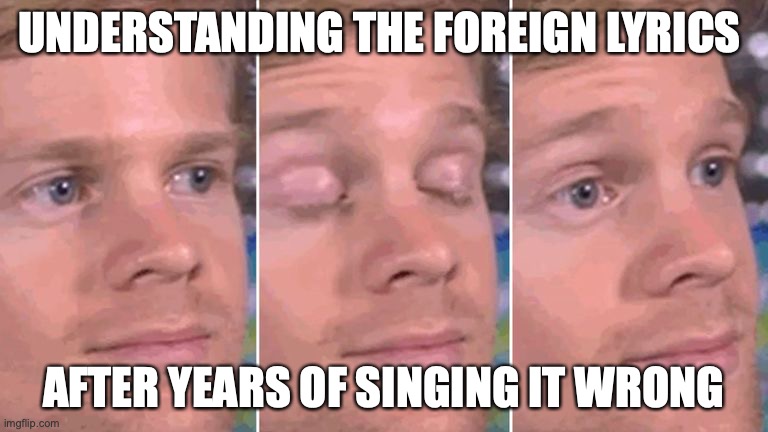 Foreign Lyrics | UNDERSTANDING THE FOREIGN LYRICS; AFTER YEARS OF SINGING IT WRONG | image tagged in white guy blinking,foreign,language | made w/ Imgflip meme maker