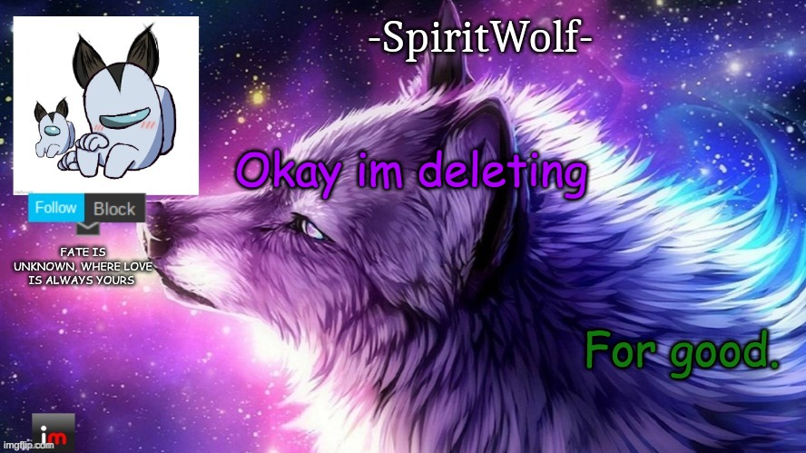 Baiiii | Okay im deleting; For good. | image tagged in -spiritwolf- announcement temp | made w/ Imgflip meme maker