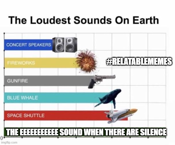 #RelatableMemes | #RELATABLEMEMES; THE EEEEEEEEEEE SOUND WHEN THERE ARE SILENCE | image tagged in the loudest sounds on earth | made w/ Imgflip meme maker