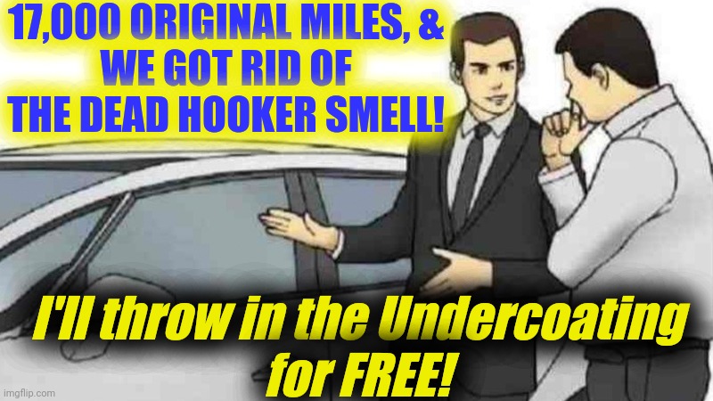 NO. Dead.Hooker. Smell. | 17,000 ORIGINAL MILES, &
WE GOT RID OF
THE DEAD HOOKER SMELL! I'll throw in the Undercoating
for FREE! | image tagged in car salesman slaps roof of car,undercoating,dead hooker,original miles | made w/ Imgflip meme maker