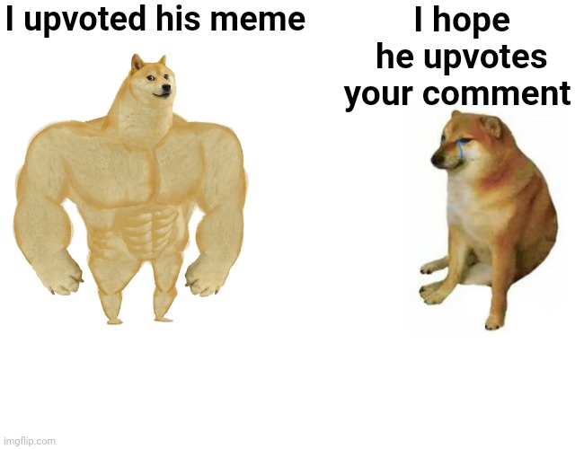 Buff Doge vs. Cheems Meme | I upvoted his meme I hope he upvotes your comment | image tagged in memes,buff doge vs cheems | made w/ Imgflip meme maker