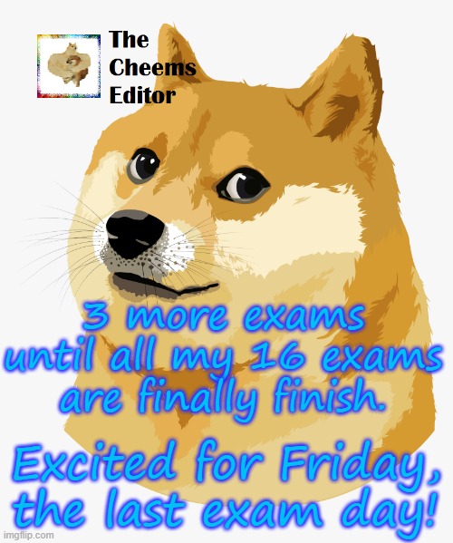 3 more exams until all my 16 exams are finally finish. Excited for Friday, the last exam day! | image tagged in thecheemseditor announcement template | made w/ Imgflip meme maker