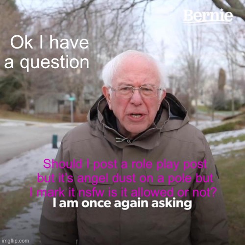 Is it allowed? | Ok I have a question; Should I post a role play post but it’s angel dust on a pole but I mark it nsfw is it allowed or not? | image tagged in memes,bernie i am once again asking for your support | made w/ Imgflip meme maker