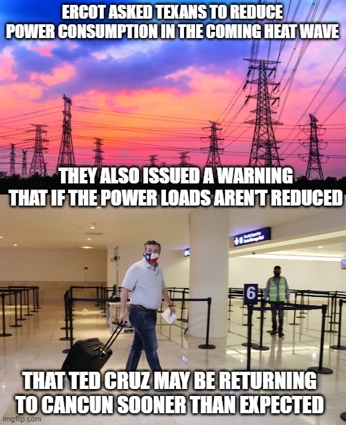 ERCOT ASKED TEXANS TO REDUCE POWER CONSUMPTION IN THE COMING HEAT WAVE; THEY ALSO ISSUED A WARNING THAT IF THE POWER LOADS AREN'T REDUCED; THAT TED CRUZ MAY BE RETURNING TO CANCUN SOONER THAN EXPECTED | image tagged in cancun cruz | made w/ Imgflip meme maker