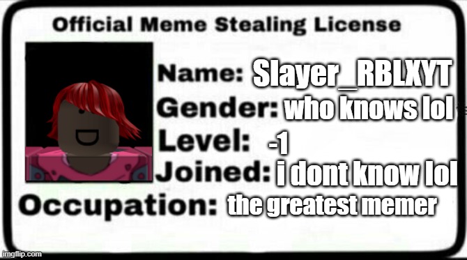 why did i make this | Slayer_RBLXYT; who knows lol; -1; i dont know lol; the greatest memer | image tagged in meme stealing license,funny,roblox | made w/ Imgflip meme maker