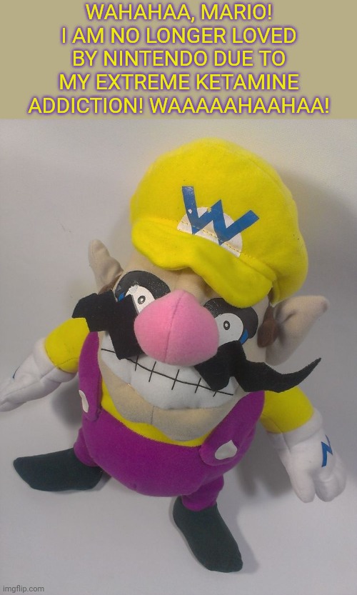 ... | WAHAHAA, MARIO! I AM NO LONGER LOVED BY NINTENDO DUE TO MY EXTREME KETAMINE ADDICTION! WAAAAAHAAHAA! | image tagged in wario | made w/ Imgflip meme maker