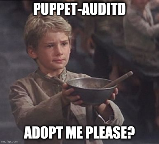 orphan puppet-auditd | PUPPET-AUDITD; ADOPT ME PLEASE? | image tagged in oliver twist please sir | made w/ Imgflip meme maker