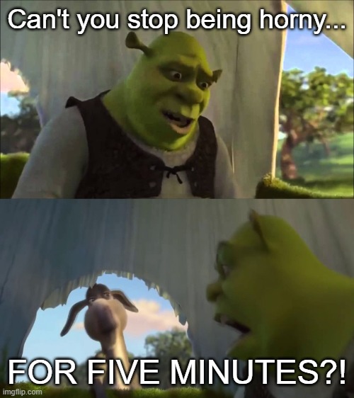shrek five minutes |  Can't you stop being horny... FOR FIVE MINUTES?! | image tagged in shrek five minutes | made w/ Imgflip meme maker