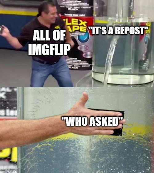 Huzzah! a meme of truth! | ALL OF IMGFLIP; "IT'S A REPOST"; "WHO ASKED" | image tagged in flex tape,memes,reposts,who asked,imgflip,true story | made w/ Imgflip meme maker