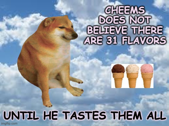 Sciemce | CHEEMS DOES NOT BELIEVE THERE ARE 31 FLAVORS; UNTIL HE TASTES THEM ALL | image tagged in cheems,ice cream,science | made w/ Imgflip meme maker