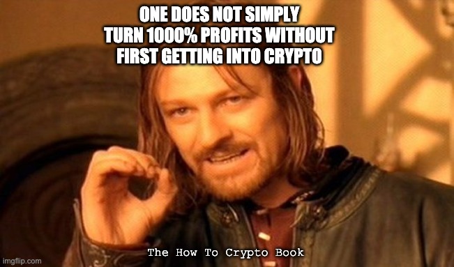 One Does Not Simply Turn 1000% Profit | ONE DOES NOT SIMPLY TURN 1000% PROFITS WITHOUT FIRST GETTING INTO CRYPTO; The How To Crypto Book | image tagged in memes,one does not simply,cryptocurrency,crypto | made w/ Imgflip meme maker