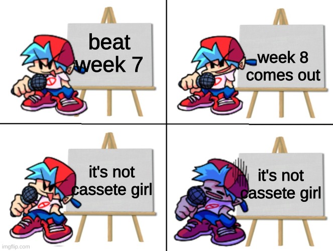 ninjamuffin99 needs week 8 to be cassete girl | week 8 comes out; beat week 7; it's not cassete girl; it's not cassete girl | image tagged in the bf's plan | made w/ Imgflip meme maker