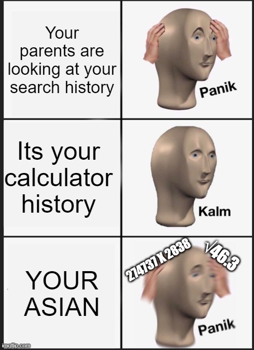 Im asian :P | Your parents are looking at your search history; Its your calculator history; YOUR ASIAN; √46.3; 274737 X 2838 | image tagged in memes,panik kalm panik | made w/ Imgflip meme maker