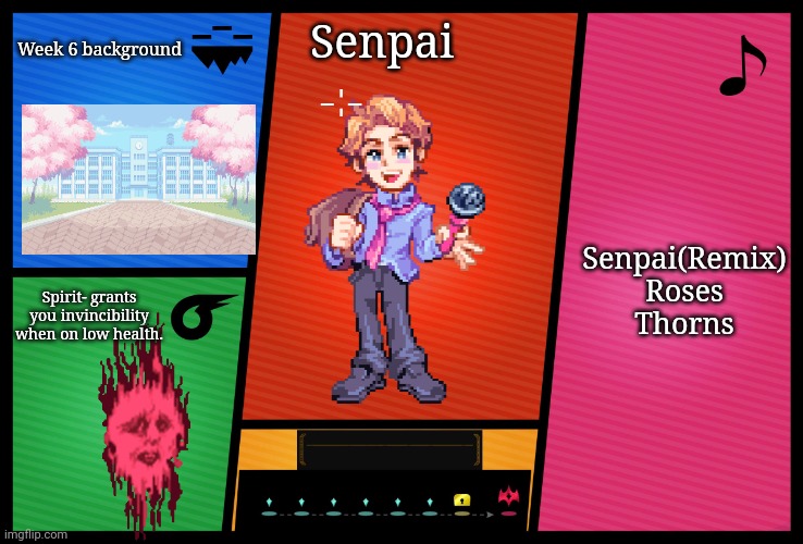 I was extremely bored | Week 6 background; Senpai; Senpai(Remix)
Roses
Thorns; Spirit- grants you invincibility when on low health. | image tagged in smash ultimate dlc fighter profile | made w/ Imgflip meme maker