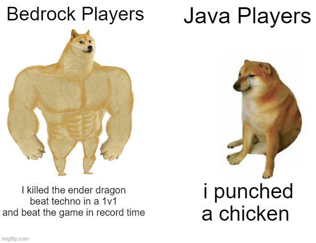 Buff Doge vs. Cheems Meme | Bedrock Players; Java Players; I killed the ender dragon beat techno in a 1v1 and beat the game in record time; i punched a chicken | image tagged in memes,buff doge vs cheems | made w/ Imgflip meme maker