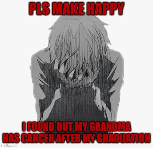 I cried that afternoon |  PLS MAKE HAPPY; I FOUND OUT MY GRANDMA HAS CANCER AFTER MY GRADUATION | image tagged in sad anime boy | made w/ Imgflip meme maker