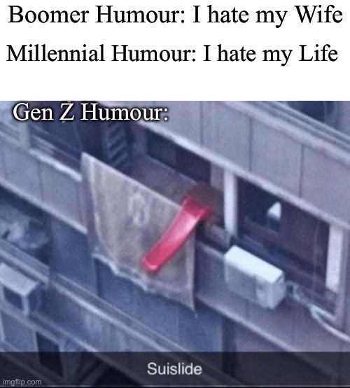 Boomer Humour: I hate my Wife; Millennial Humour: I hate my Life; Gen Z Humour: | image tagged in bruh | made w/ Imgflip meme maker