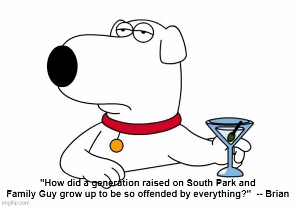 Generation Raised by South Park and Family Guy offended | "How did a generation raised on South Park and Family Guy grow up to be so offended by everything?"  -- Brian | image tagged in brian griffin,south park | made w/ Imgflip meme maker