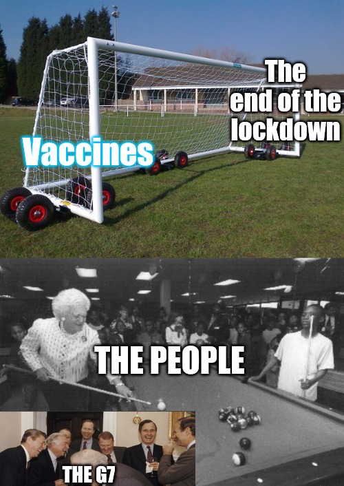 Get used to it. Lockdown | Vaccines; The end of the lockdown; THE PEOPLE; THE G7 | image tagged in moving goalposts,snookered | made w/ Imgflip meme maker