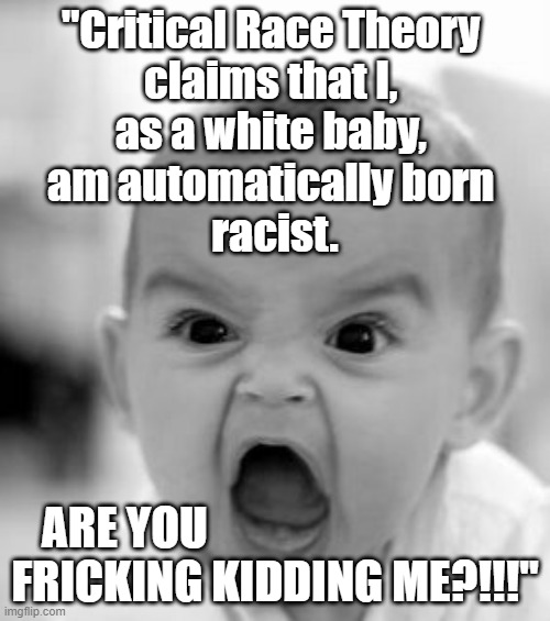 Angry baby, "Critical Race Theory claims that I am automatically born racist. ARE YOU FRICKING KIDDING ME?" | "Critical Race Theory 
claims that I, 
as a white baby, 
am automatically born 
racist. ARE YOU                                 
FRICKING KIDDING ME?!!!" | image tagged in memes,angry baby,political meme,racism,theory,politics | made w/ Imgflip meme maker