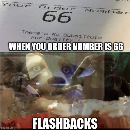 order 66 | WHEN YOU ORDER NUMBER IS 66; FLASHBACKS | image tagged in star wars,order 66,flashbacks,omg,flaschback dog | made w/ Imgflip meme maker