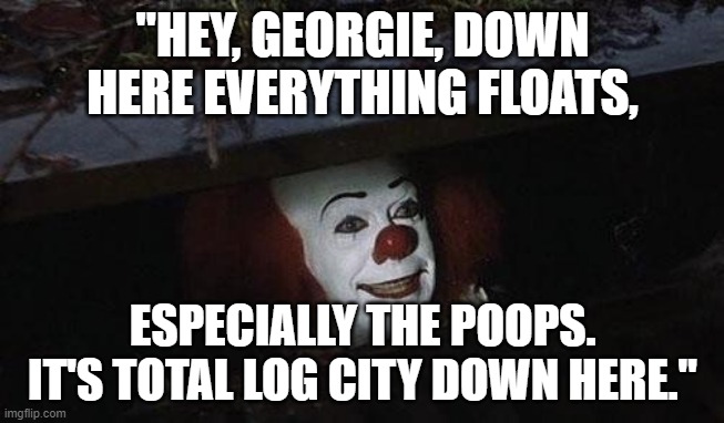 Funny Pennywise meme: "Georgie, down here, everything floats, especially the poops. It's total Log City down here." | "HEY, GEORGIE, DOWN HERE EVERYTHING FLOATS, ESPECIALLY THE POOPS. IT'S TOTAL LOG CITY DOWN HERE." | image tagged in humor,potty humor,pennywise in sewer,horror movie,stephen king,memes | made w/ Imgflip meme maker
