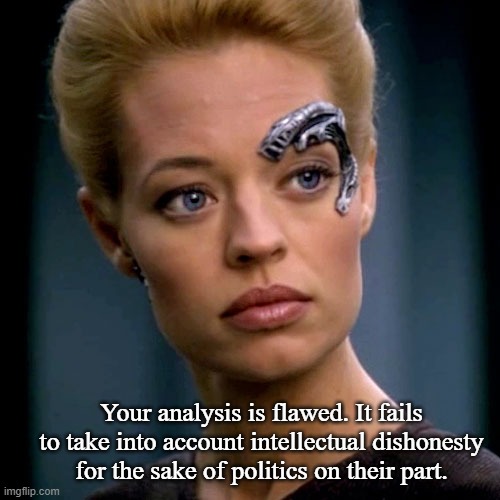 Seven of Nine Serious | Your analysis is flawed. It fails to take into account intellectual dishonesty for the sake of politics on their part. | image tagged in seven of nine serious | made w/ Imgflip meme maker
