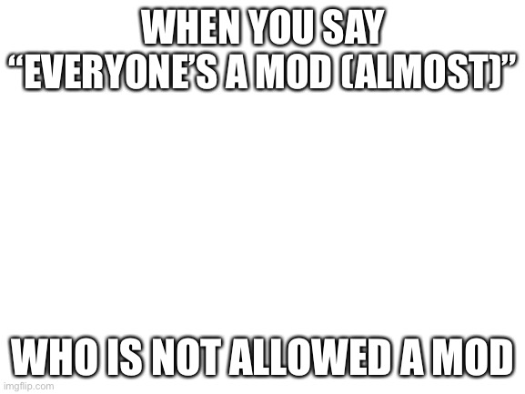 Blank White Template | WHEN YOU SAY “EVERYONE’S A MOD (ALMOST)”; WHO IS NOT ALLOWED A MOD | image tagged in blank white template | made w/ Imgflip meme maker