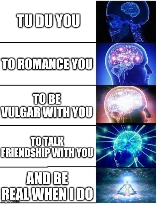 Ladies, slap them if they ain't real with some French and German | TU DU YOU; TO ROMANCE YOU; TO BE VULGAR WITH YOU; TO TALK FRIENDSHIP WITH YOU; AND BE REAL WHEN I DO | image tagged in expanding brain 5 panel,subtle pickup liner,romance,nsfw | made w/ Imgflip meme maker