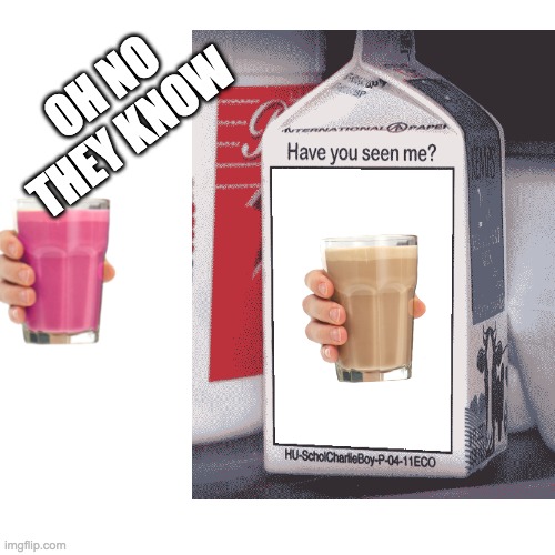 they noticed | OH NO THEY KNOW | image tagged in choccy milk,milk,milk carton,straby milk,chocolate milk | made w/ Imgflip meme maker