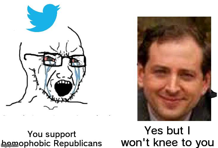 The current situation right now | Yes but I won't knee to you; You support homophobic Republicans | image tagged in soyboy vs yes chad,politics,fnaf,twitter | made w/ Imgflip meme maker