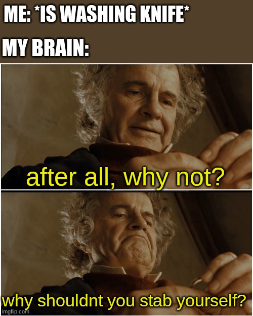 Bilbo - Why shouldn’t I keep it? |  ME: *IS WASHING KNIFE*; MY BRAIN:; after all, why not? why shouldnt you stab yourself? | image tagged in bilbo - why shouldn t i keep it,memes,funny,so true memes,relatable | made w/ Imgflip meme maker