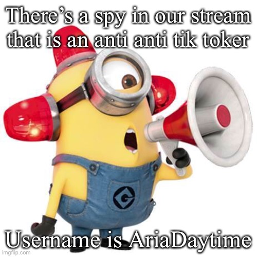 Link to profile in comments | There’s a spy in our stream that is an anti anti tik toker; Username is AriaDaytime | image tagged in minion alert | made w/ Imgflip meme maker