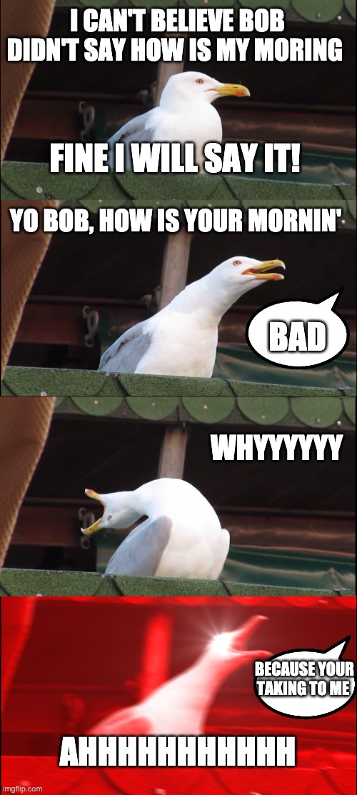Inhaling Seagull Meme | I CAN'T BELIEVE BOB DIDN'T SAY HOW IS MY MORING; FINE I WILL SAY IT! YO BOB, HOW IS YOUR MORNIN'; BAD; WHYYYYYY; BECAUSE YOUR TAKING TO ME; AHHHHHHHHHHH | image tagged in memes,inhaling seagull | made w/ Imgflip meme maker
