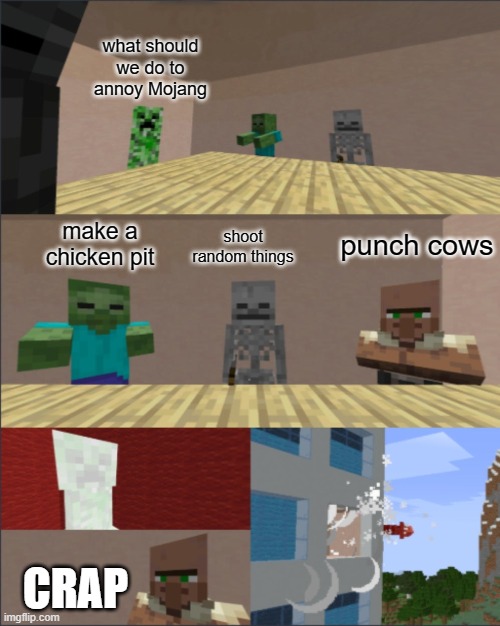 Minecraft Boardroom Meeting Suggestion | what should we do to annoy Mojang; punch cows; make a chicken pit; shoot random things; CRAP | image tagged in minecraft boardroom meeting suggestion | made w/ Imgflip meme maker