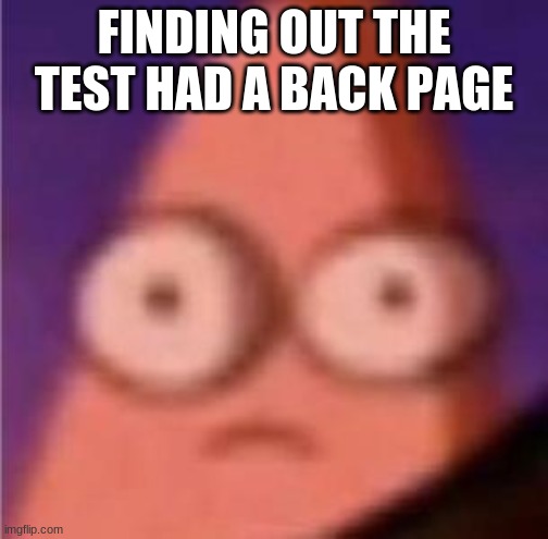 Eyes wide Patrick | FINDING OUT THE TEST HAD A BACK PAGE | image tagged in eyes wide patrick | made w/ Imgflip meme maker