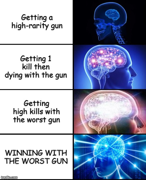 the average gun user | Getting a high-rarity gun; Getting 1 kill then dying with the gun; Getting high kills with the worst gun; WINNING WITH THE WORST GUN | image tagged in lol | made w/ Imgflip meme maker