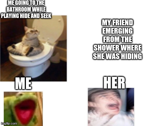 true story | ME GOING TO THE BATHROOM WHILE PLAYING HIDE AND SEEK; MY FRIEND EMERGING FROM THE SHOWER WHERE SHE WAS HIDING; HER; ME | image tagged in blank white template | made w/ Imgflip meme maker