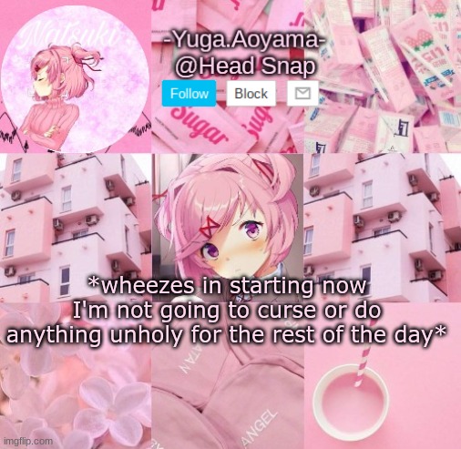 Natsuki temp | *wheezes in starting now I'm not going to curse or do anything unholy for the rest of the day* | image tagged in natsuki temp | made w/ Imgflip meme maker
