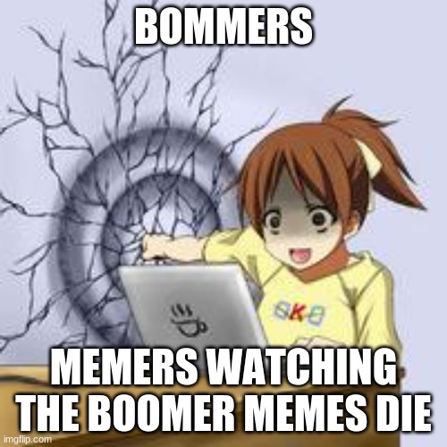 Anime wall punch | BOMMERS; MEMERS WATCHING THE BOOMER MEMES DIE | image tagged in anime wall punch | made w/ Imgflip meme maker
