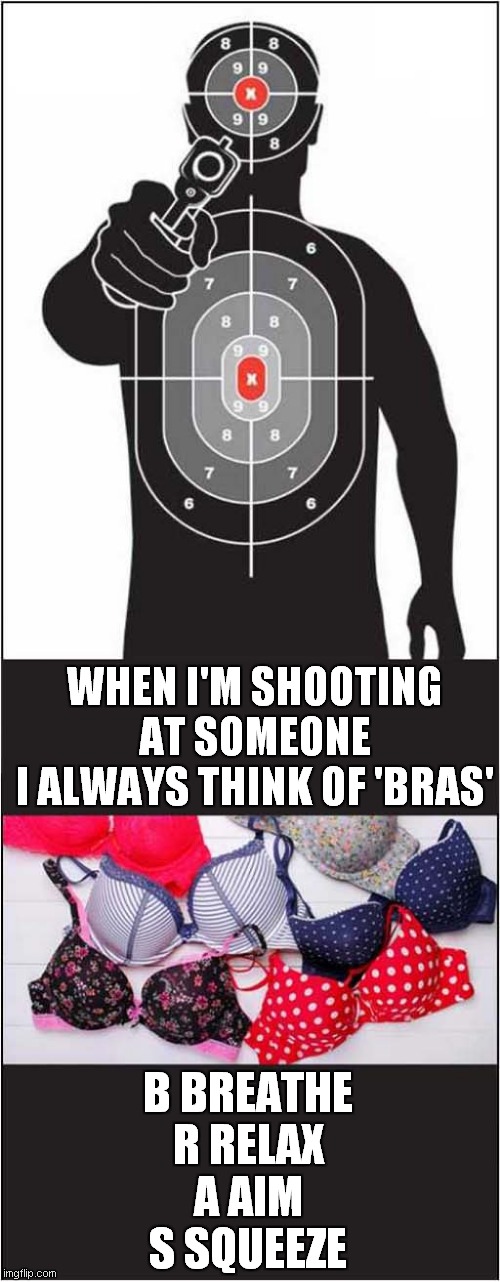 Shooting ! ... Think Bras ? | WHEN I'M SHOOTING AT SOMEONE
I ALWAYS THINK OF 'BRAS'; B BREATHE
R RELAX
A AIM
S SQUEEZE | image tagged in shooting,bras,dark humour | made w/ Imgflip meme maker